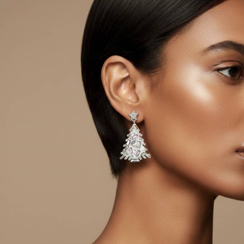 گوشواره درخت کریسمس نقره‌ای – درخشش زمستان با طراحی سنگ‌کاری شده